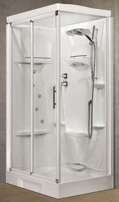 Novellini New Holiday 2P+F Idromassaggio Con Tettuccio e Soffione 120x80 cm Cabina Doccia Multifunzione Apertura 1 Anta Scorrevole 1 Fissa Linea 1 Laterale Reversibile Miscelatore Termostatico Vetro Trasparente Profilo Bianco Rotopioggia Altezza 217,5 cm