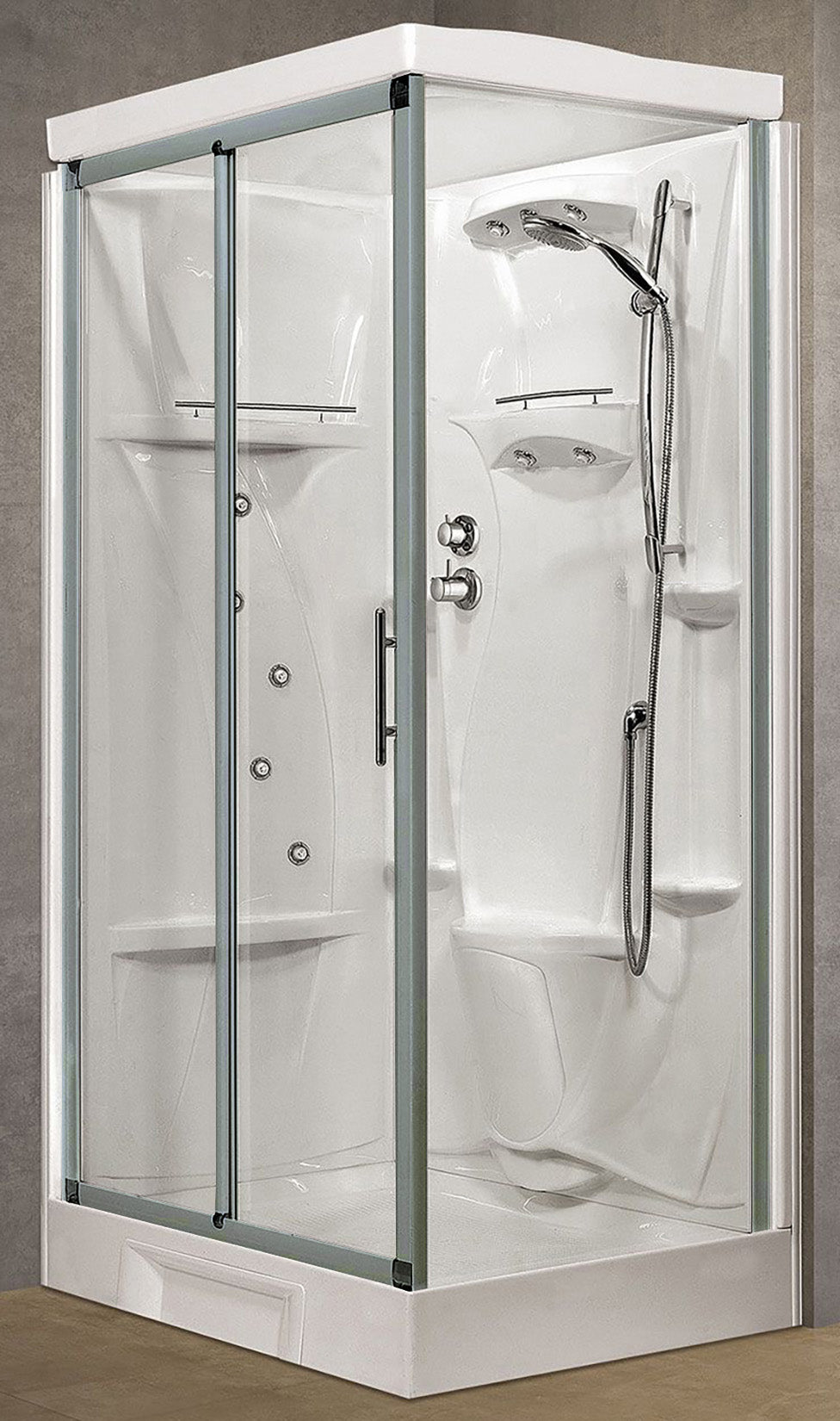 Novellini New Holiday 2P+F Idromassaggio Con Tettuccio e Soffione 120x80 cm Cabina Doccia Multifunzione Apertura 1 Anta Scorrevole 1 Fissa Linea 1 Laterale Reversibile Miscelatore Meccanico Vetro Trasparente Profilo Silver Rotopioggia Altezza 217,5 cm