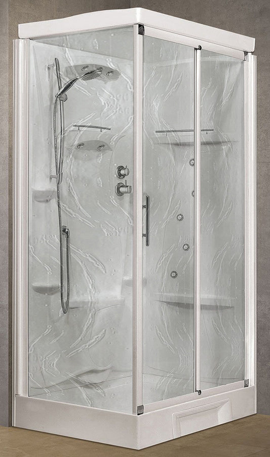 Novellini New Holiday 2P+F Idromassaggio Con Tettuccio e Soffione 120x80 cm Cabina Doccia Multifunzione Apertura 1 Anta Scorrevole 1 Fissa Linea 1 Laterale Reversibile Miscelatore Meccanico Vetro Aqua Profilo Bianco Rotopioggia Doccetta Altezza 217,5 cm
