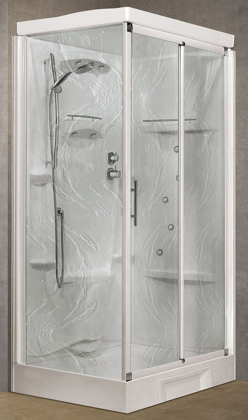 Novellini New Holiday 2P+F Idromassaggio Con Tettuccio e Soffione 120x80 cm Cabina Doccia Multifunzione Apertura 1 Anta Scorrevole 1 Fissa Linea 1 Laterale Reversibile Miscelatore Termostatico Vetro Aqua Profilo Bianco Rotopioggia Doccetta Altezza 217,5cm