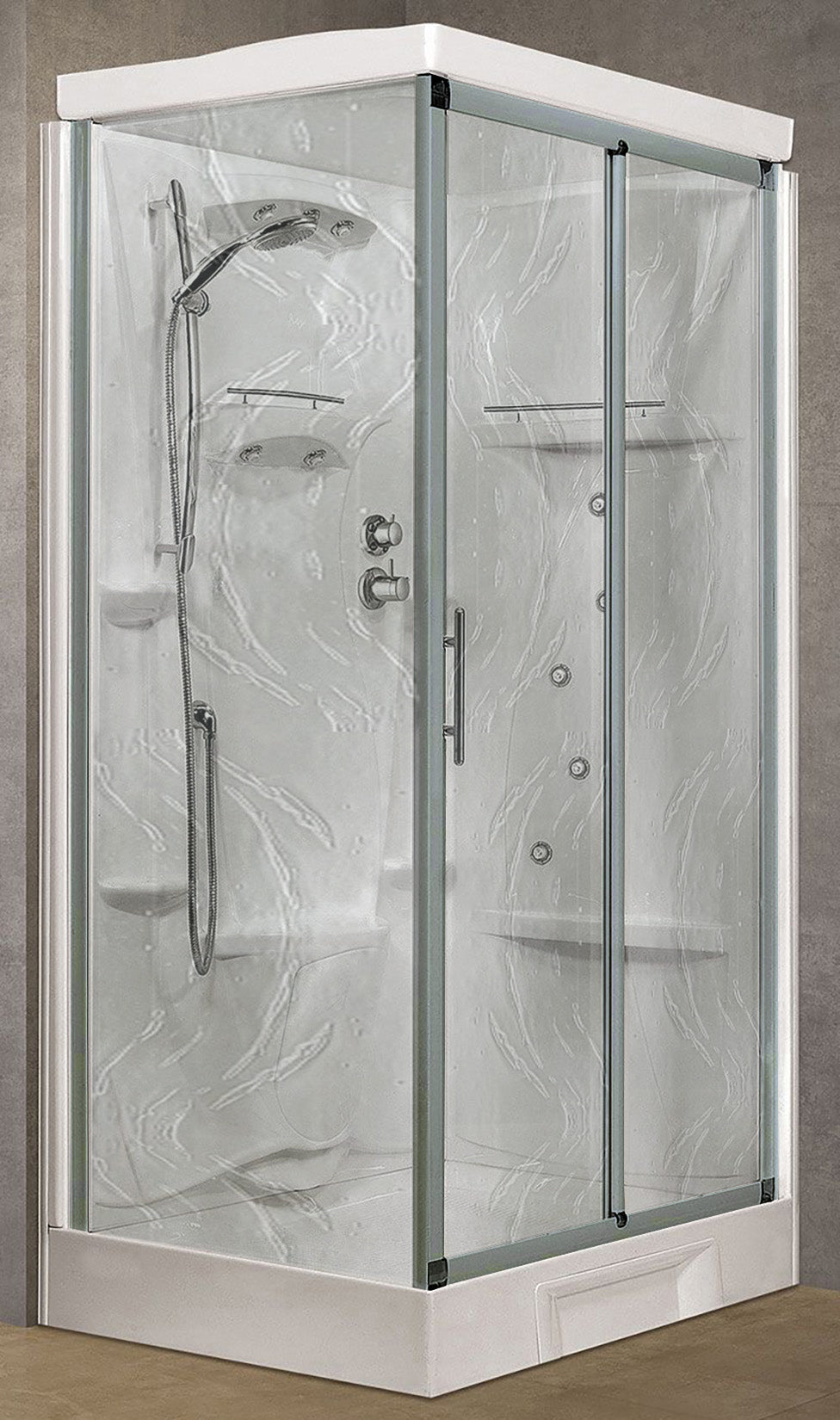 Novellini New Holiday 2P+F Idromassaggio Con Tettuccio e Soffione 120x80 cm Cabina Doccia Multifunzione Apertura 1 Anta Scorrevole 1 Fissa Linea 1 Laterale Reversibile Miscelatore Meccanico Vetro Aqua Profilo Silver Rotopioggia Doccetta Altezza 217,5 cm