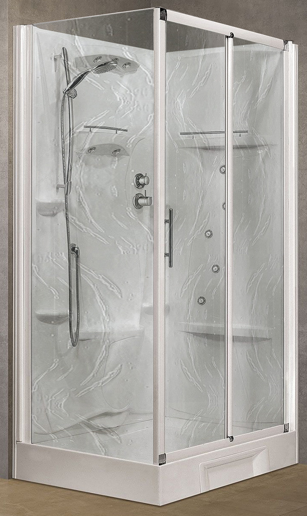 Novellini New Holiday 2P+F Idromassaggio 120x80 cm Cabina Doccia Multifunzione Apertura 1 Anta Scorrevole 1 Fissa Linea 1 Laterale Seduta Reversibile Miscelatore Meccanico Vetro Aqua Profilo Bianco Piatto Ripiani Doccetta Mano Rotopioggia Altezza 206 cm