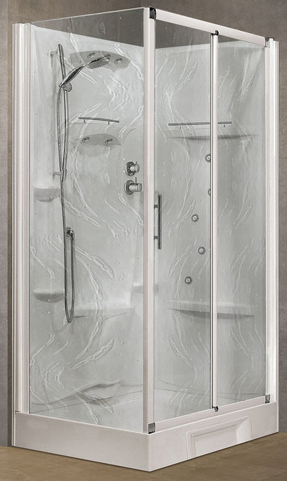 Novellini New Holiday 2P+F Idromassaggio 120x80 cm Cabina Doccia Multifunzione Apertura 1 Anta Scorrevole 1 Fissa Linea 1 Laterale Seduta Reversibile Miscelatore Termostatico Vetro Aqua Profilo Bianco Piatto Ripiani Doccetta Mano Rotopioggia Altezza 206cm