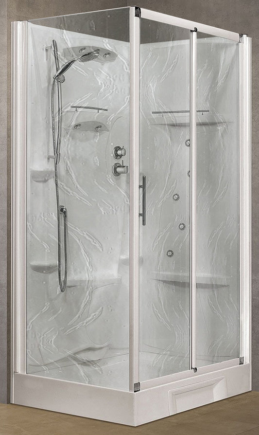 Novellini New Holiday 2P+F Idromassaggio 120x80 cm Cabina Doccia Multifunzione Apertura 1 Anta Scorrevole 1 Fissa Linea 1 Laterale Seduta Reversibile Miscelatore Termostatico Vetro Aqua Profilo Bianco Piatto Ripiani Doccetta Mano Rotopioggia Altezza 206cm