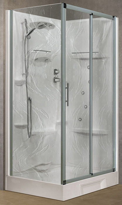 Novellini New Holiday 2P+F Idromassaggio 120x80 cm Cabina Doccia Multifunzione Apertura 1 Anta Scorrevole 1 Fissa Linea 1 Laterale Seduta Reversibile Miscelatore Meccanico Vetro Aqua Profilo Silver Piatto Ripiani Doccetta Mano Rotopioggia Altezza 206 cm