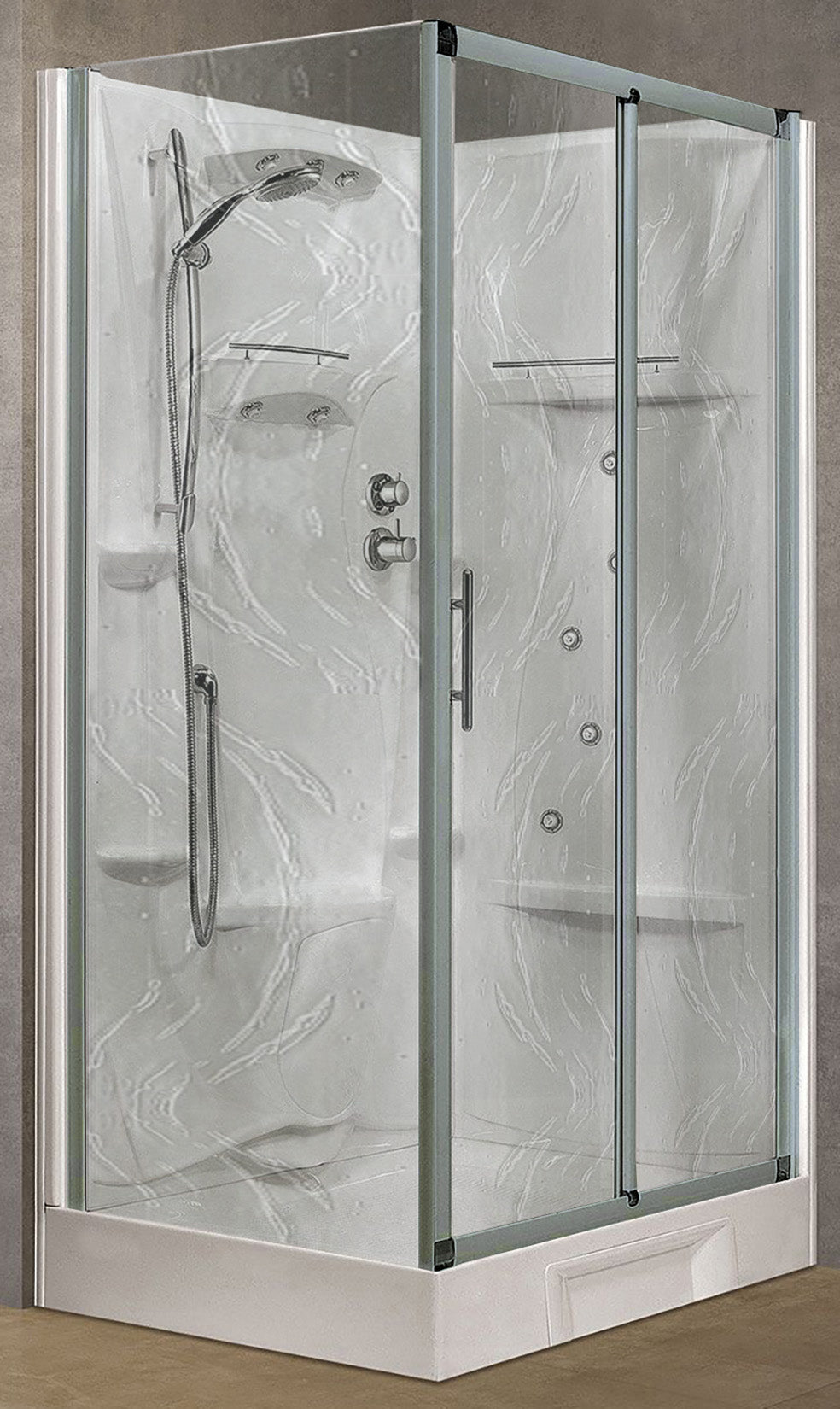 Novellini New Holiday 2P+F Idromassaggio 120x80 cm Cabina Doccia Multifunzione Apertura 1 Anta Scorrevole 1 Fissa Linea 1 Laterale Seduta Reversibile Miscelatore Termostatico Vetro Aqua Profilo Silver Piatto Ripiani Doccetta Mano Rotopioggia Altezza 206cm