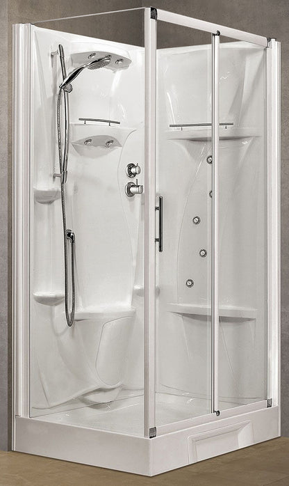 Novellini New Holiday 2P+F Idromassaggio 120x80 cm Cabina Doccia Multifunzione Apertura 1 Anta Scorrevole 1 Fissa Linea 1 Laterale Seduta Reversibile Miscelatore Meccanico Vetro Trasparente Profilo Bianco Piatto Ripiani Doccetta Rotopioggia Altezza 206 cm