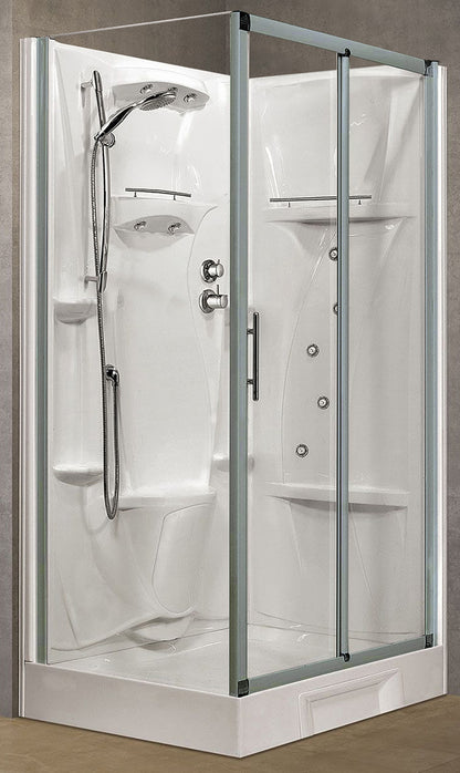 Novellini New Holiday 2P+F Idromassaggio 120x80 cm Cabina Doccia Multifunzione Apertura 1 Anta Scorrevole 1 Fissa Linea 1 Laterale Seduta Reversibile Miscelatore Meccanico Vetro Trasparente Profilo Silver Piatto Ripiani Doccetta Rotopioggia Altezza 206 cm