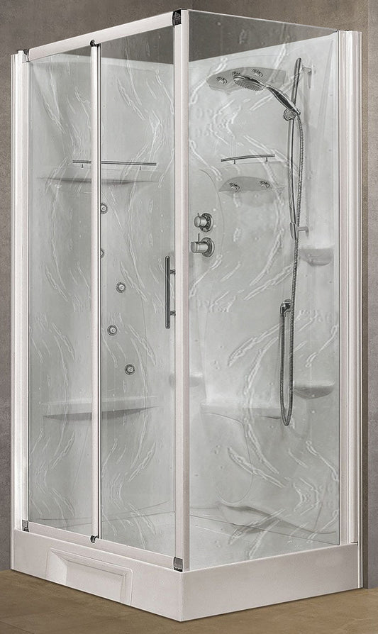 Novellini New Holiday 2P+F Idromassaggio 120x80 cm Cabina Doccia Multifunzione Apertura 1 Anta Scorrevole 1 Fissa Linea 1 Laterale Seduta Reversibile Miscelatore Meccanico Vetro Aqua Profilo Bianco Piatto Ripiani Doccetta Mano Rotopioggia Altezza 206 cm
