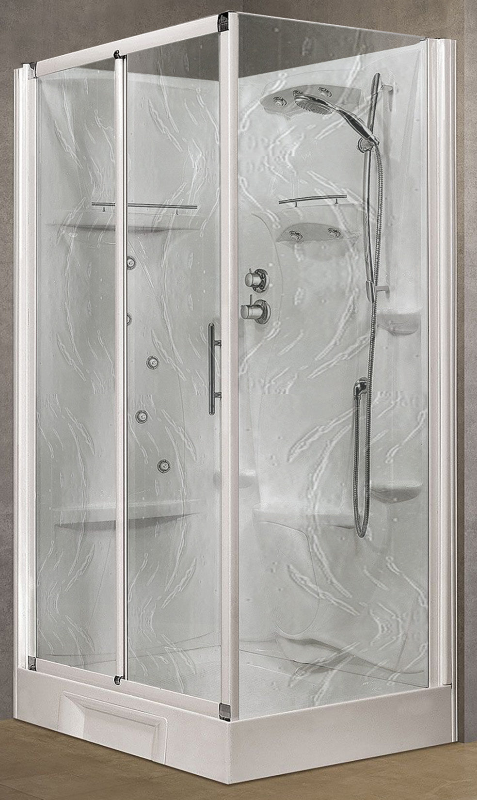 Novellini New Holiday 2P+F Idromassaggio 120x80 cm Cabina Doccia Multifunzione Apertura 1 Anta Scorrevole 1 Fissa Linea 1 Laterale Seduta Reversibile Miscelatore Termostatico Vetro Aqua Profilo Bianco Piatto Ripiani Doccetta Mano Rotopioggia Altezza 206cm