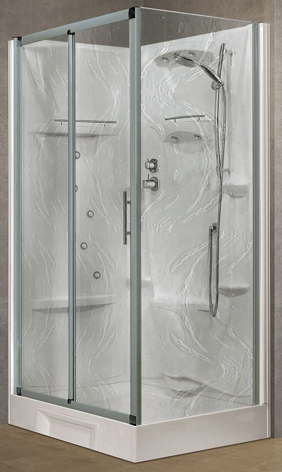 Novellini New Holiday 2P+F Idromassaggio 120x80 cm Cabina Doccia Multifunzione Apertura 1 Anta Scorrevole 1 Fissa Linea 1 Laterale Seduta Reversibile Miscelatore Termostatico Vetro Aqua Profilo Silver Piatto Ripiani Doccetta Mano Rotopioggia Altezza 206cm