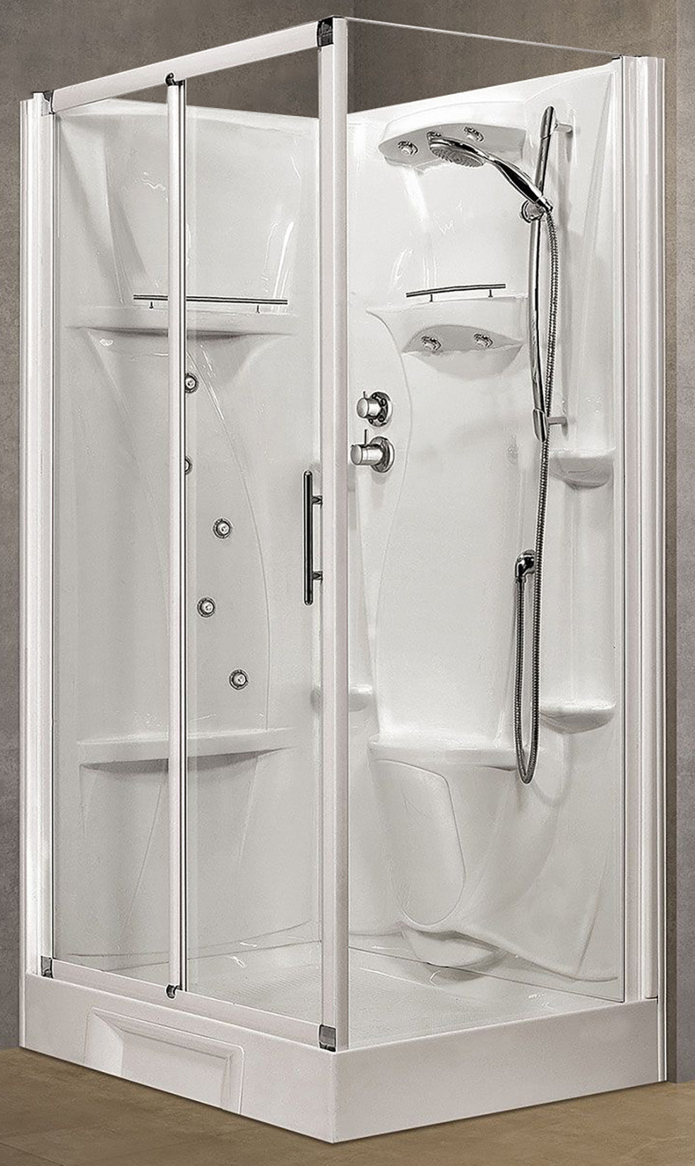 Novellini New Holiday 2P+F Idromassaggio 120x80 cm Cabina Doccia Multifunzione Apertura 1 Anta Scorrevole 1 Fissa Linea 1 Laterale Seduta Reversibile Miscelatore Meccanico Vetro Trasparente Profilo Bianco Piatto Ripiani Doccetta Rotopioggia Altezza 206 cm