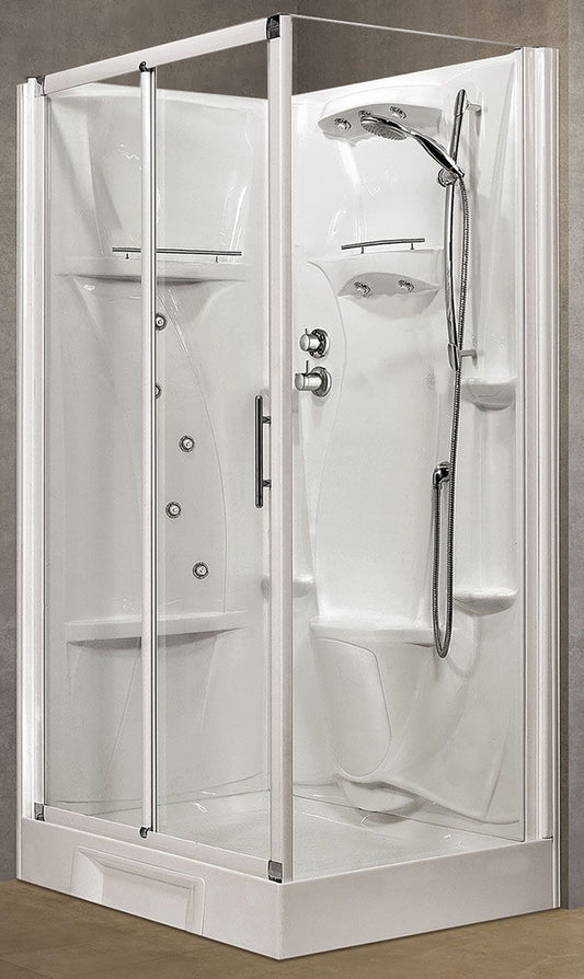 Novellini New Holiday 2P+F Idromassaggio 120x80 cm Cabina Doccia Multifunzione Apertura 1 Anta Scorrevole 1 Fissa Linea 1 Laterale Seduta Reversibile Miscelatore Termostatico Vetro Trasparente Profilo Bianco Piatto Ripiani Doccetta Rotopioggia Alto 206 cm