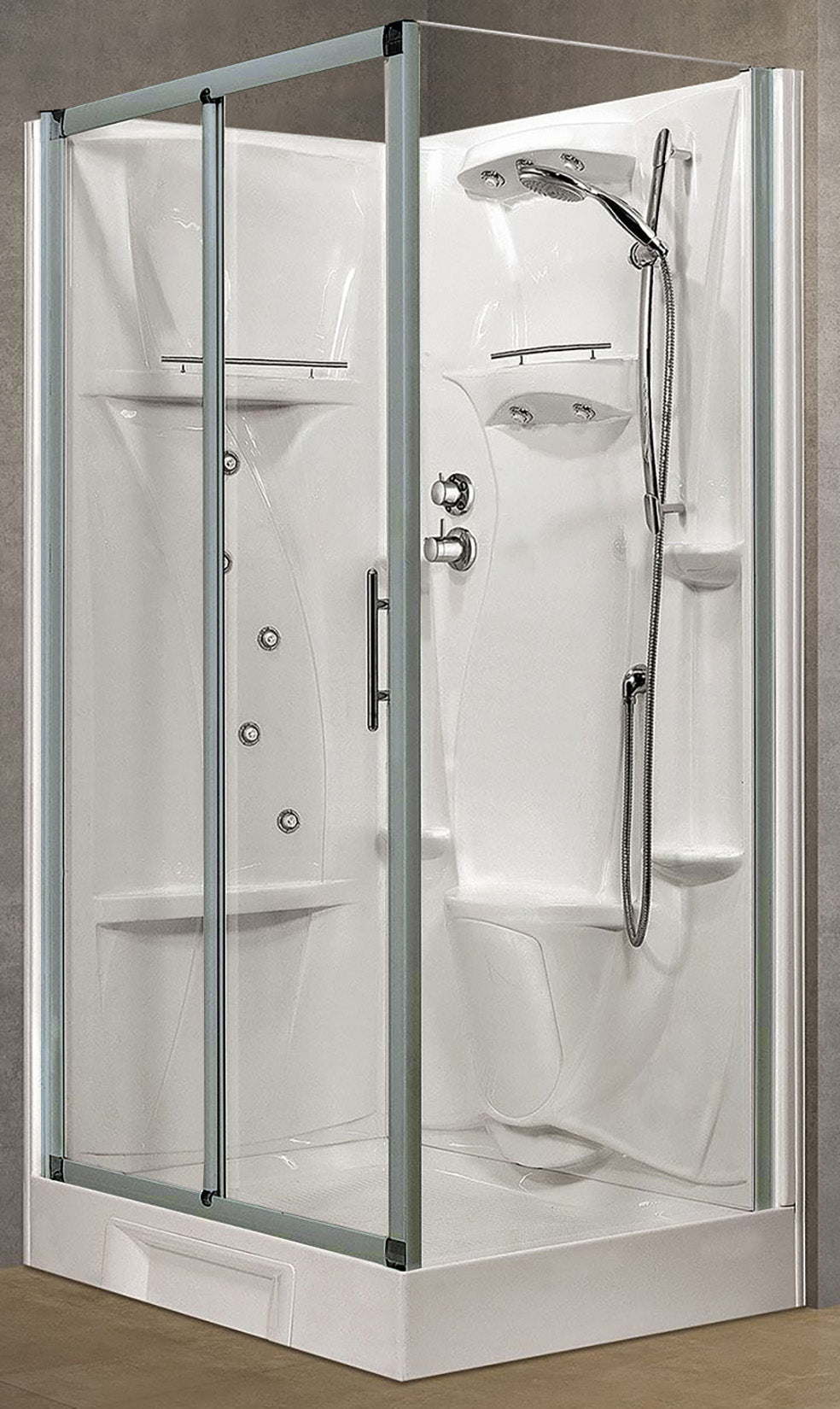 Novellini New Holiday 2P+F Idromassaggio 120x80 cm Cabina Doccia Multifunzione Apertura 1 Anta Scorrevole 1 Fissa Linea 1 Laterale Seduta Reversibile Miscelatore Meccanico Vetro Trasparente Profilo Silver Piatto Ripiani Doccetta Rotopioggia Altezza 206 cm