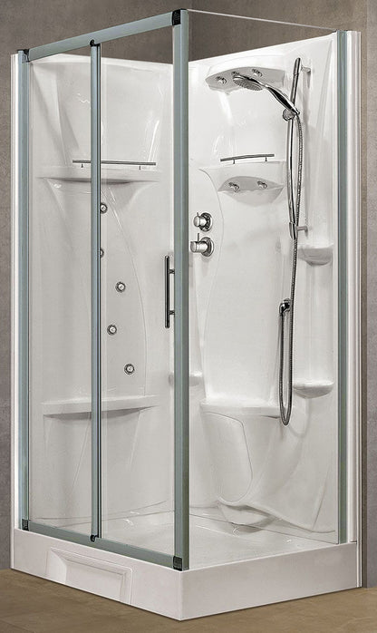 Novellini New Holiday 2P+F Idromassaggio 120x80 cm Cabina Doccia Multifunzione Apertura 1 Anta Scorrevole 1 Fissa Linea 1 Laterale Seduta Reversibile Miscelatore Meccanico Vetro Trasparente Profilo Silver Piatto Ripiani Doccetta Rotopioggia Altezza 206 cm