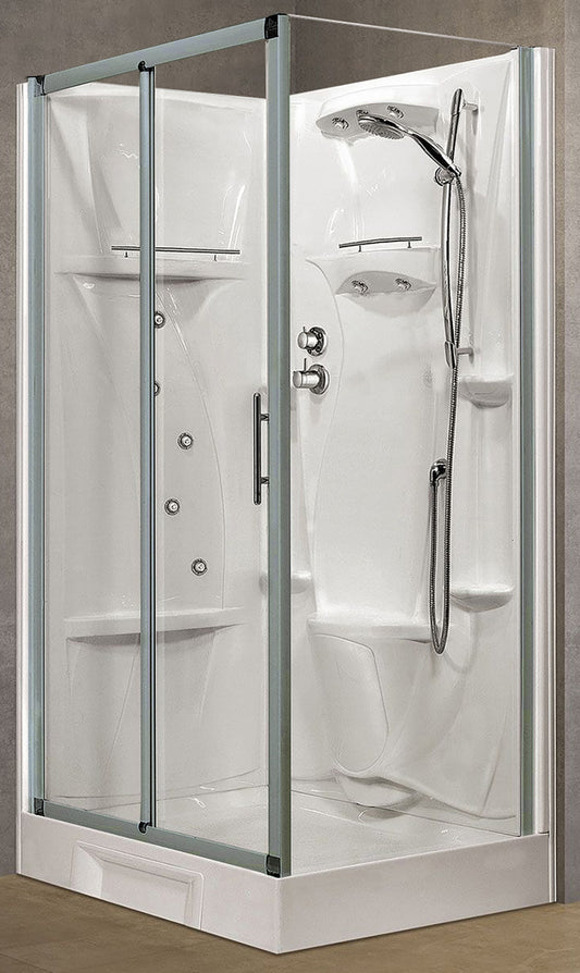 Novellini New Holiday 2P+F Idromassaggio 120x80 cm Cabina Doccia Multifunzione Apertura 1 Anta Scorrevole 1 Fissa Linea 1 Laterale Seduta Reversibile Miscelatore Meccanico Vetro Trasparente Profilo Silver Piatto Ripiani Doccetta Rotopioggia Altezza 206 cm