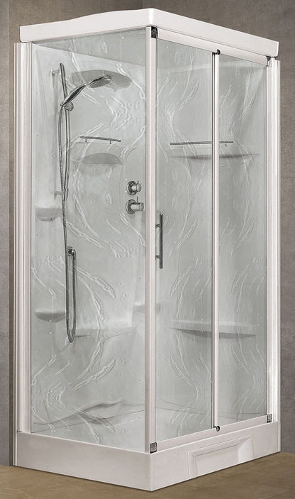 Novellini New Holiday 2P+F Standard Con Tettuccio 120x80 cm Cabina Doccia Multifunzione Apertura 1 Anta Scorrevole 1 Fissa Linea 1 Laterale Reversibile Miscelatore Meccanico Vetro Aqua Profilo Bianco Piatto Ripiani Asta Doccetta Seduta Altezza 217,5 cm