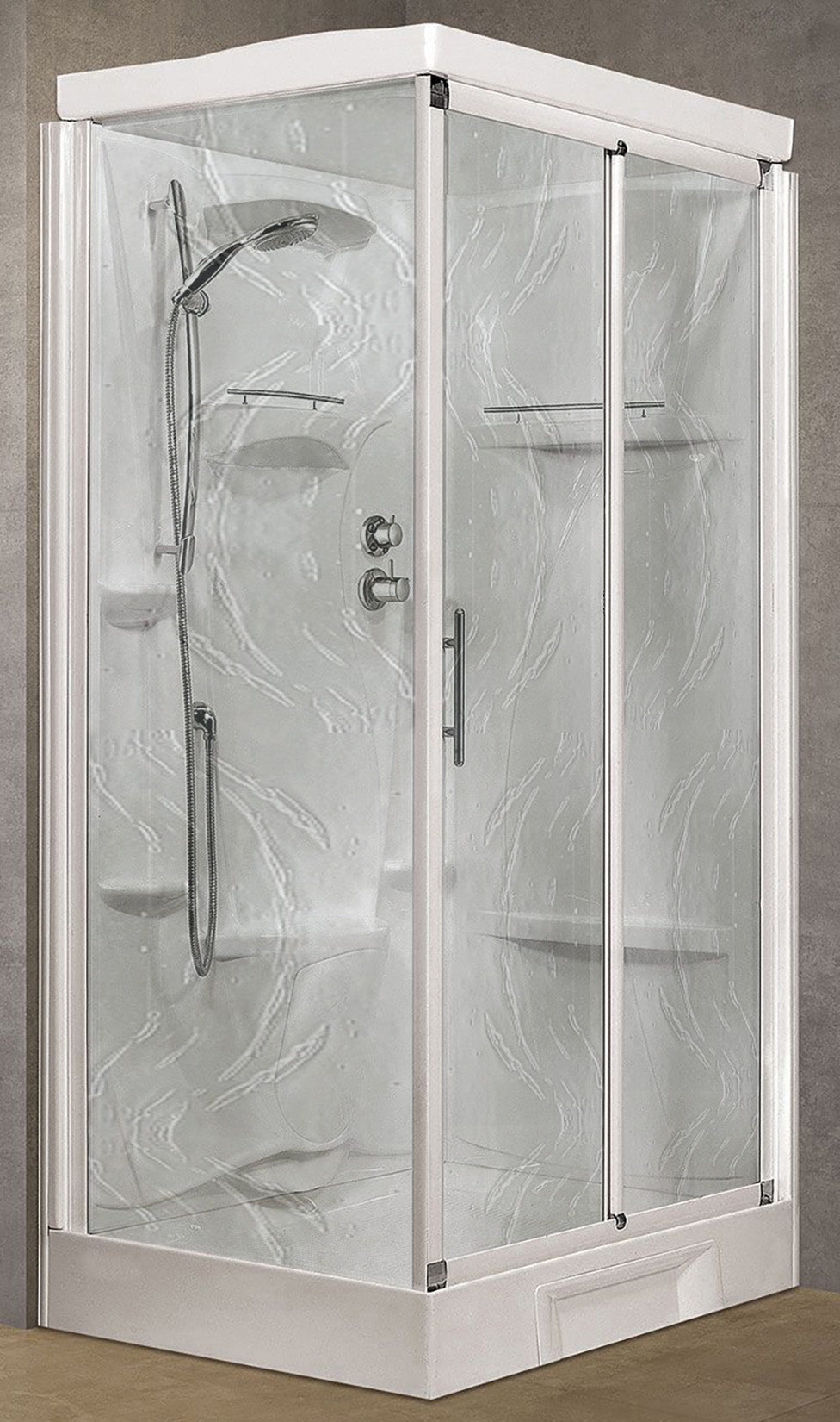 Novellini New Holiday 2P+F Standard Con Tettuccio 120x80 cm Cabina Doccia Multifunzione Apertura 1 Anta Scorrevole 1 Fissa Linea 1 Laterale Reversibile Miscelatore Termostatico Vetro Aqua Profilo Bianco Piatto Ripiani Asta Doccetta Seduta Altezza 217,5 cm