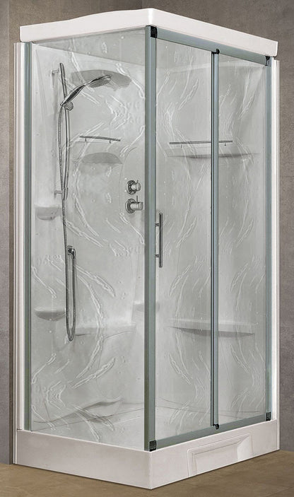 Novellini New Holiday 2P+F Standard Con Tettuccio 120x80 cm Cabina Doccia Multifunzione Apertura 1 Anta Scorrevole 1 Fissa Linea 1 Laterale Reversibile Miscelatore Termostatico Vetro Aqua Profilo Silver Piatto Ripiani Asta Doccetta Seduta Altezza 217,5 cm