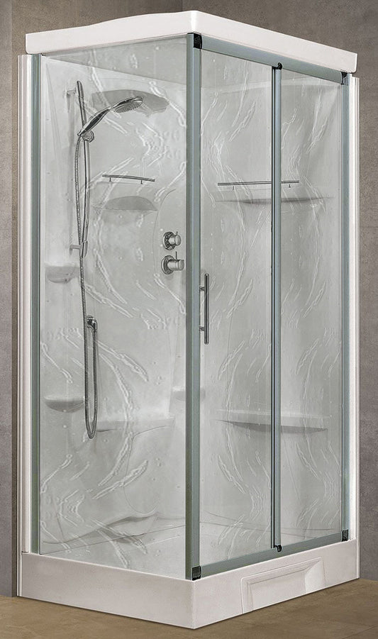 Novellini New Holiday 2P+F Standard Con Tettuccio 120x80 cm Cabina Doccia Multifunzione Apertura 1 Anta Scorrevole 1 Fissa Linea 1 Laterale Reversibile Miscelatore Termostatico Vetro Aqua Profilo Silver Piatto Ripiani Asta Doccetta Seduta Altezza 217,5 cm