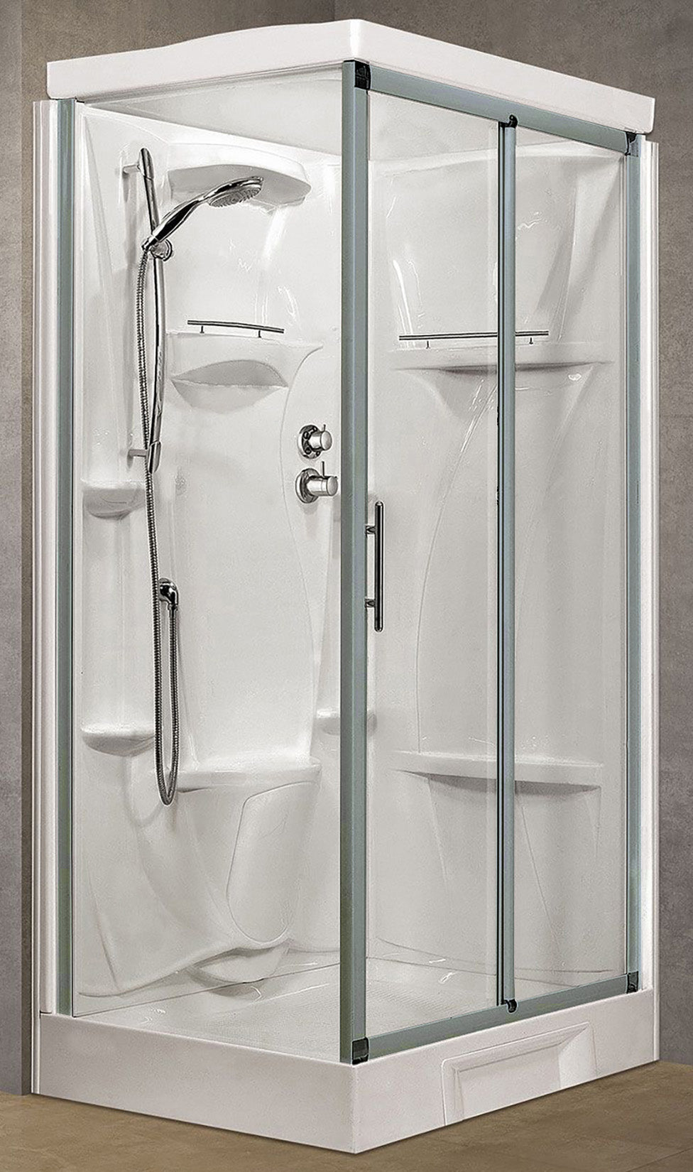 Novellini New Holiday 2P+F Standard Con Tettuccio 120x80 cm Cabina Doccia Multifunzione Apertura 1 Anta Scorrevole 1 Fissa Linea 1 Laterale Reversibile Miscelatore Termostatico Vetro Trasparente Profilo Silver Piatto Ripiani Doccetta Seduta Alto 217,5 cm