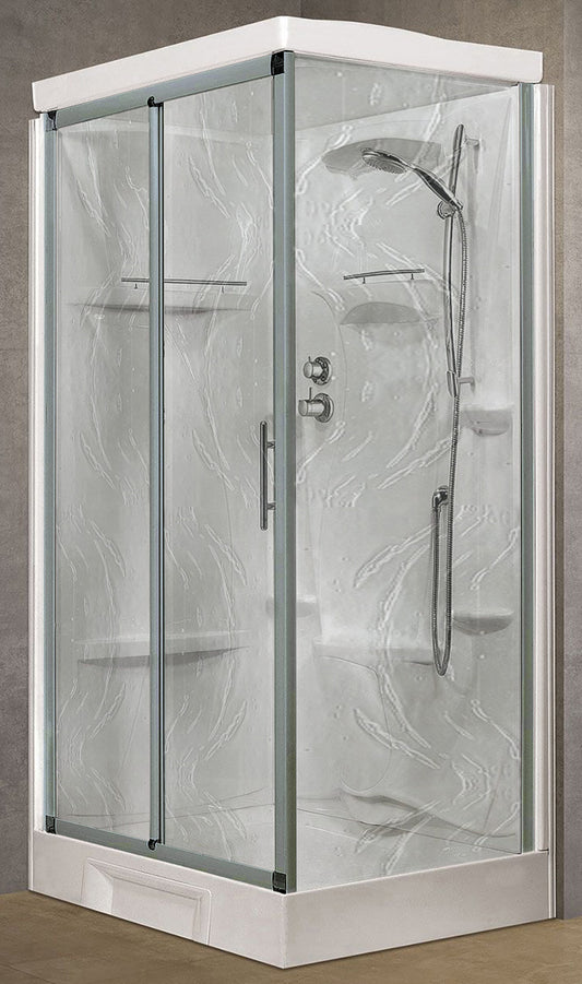 Novellini New Holiday 2P+F Standard Con Tettuccio 120x80 cm Cabina Doccia Multifunzione Apertura 1 Anta Scorrevole 1 Fissa Linea 1 Laterale Reversibile Miscelatore Meccanico Vetro Aqua Profilo Silver Piatto Ripiani Asta Doccetta Seduta Altezza 217,5 cm