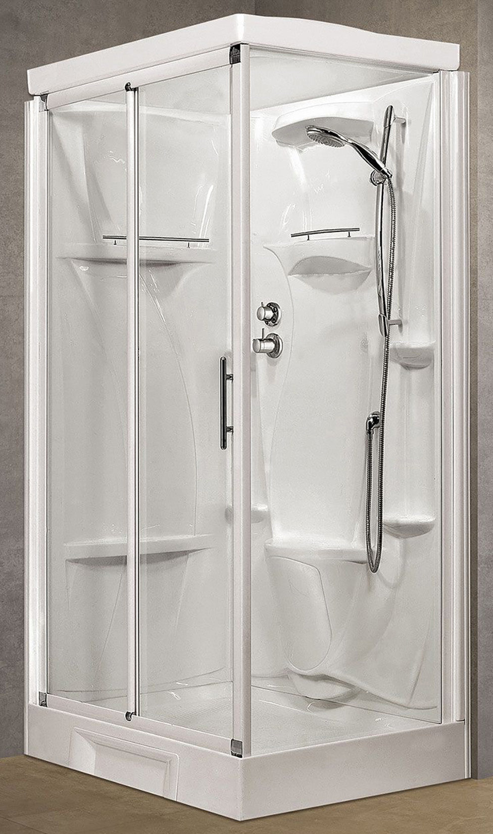 Novellini New Holiday 2P+F Standard Con Tettuccio 120x80 cm Cabina Doccia Multifunzione Apertura 1 Anta Scorrevole 1 Fissa Linea 1 Laterale Reversibile Miscelatore Termostatico Vetro Trasparente Profilo Bianco Piatto Ripiani Asta Doccetta Seduta H 217,5cm