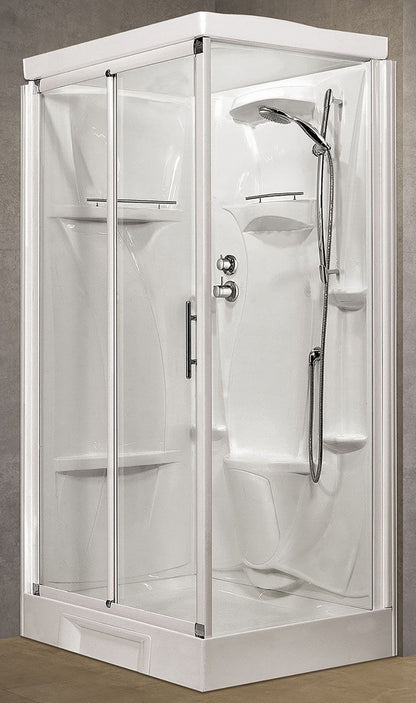 Novellini New Holiday 2P+F Standard Con Tettuccio 120x80 cm Cabina Doccia Multifunzione Apertura 1 Anta Scorrevole 1 Fissa Linea 1 Laterale Reversibile Miscelatore Meccanico Vetro Trasparente Profilo Bianco Piatto Ripiani Asta Doccetta Seduta Alto 217,5cm