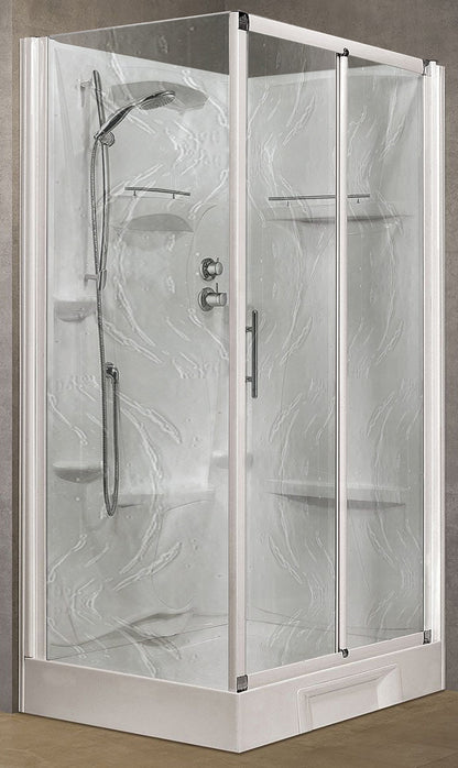 Novellini New Holiday 2P+F Standard 120x80 cm Cabina Doccia Multifunzione Apertura 1 Anta Scorrevole 1 Fissa Linea 1 Laterale Installazione Reversibile Miscelatore Termostatico Vetro Aqua Profilo Bianco Piatto Ripiano Asta Doccetta Seduta Altezza 206 cm