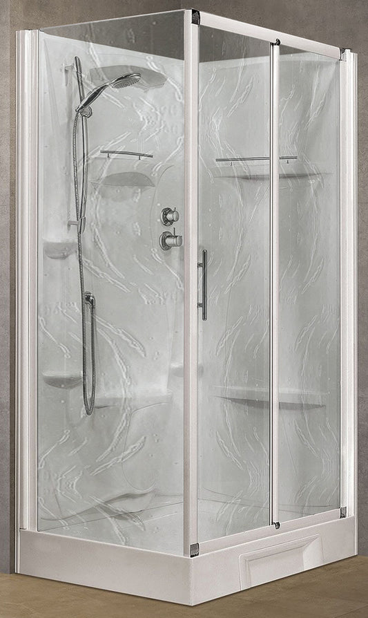 Novellini New Holiday 2P+F Standard 120x80 cm Cabina Doccia Multifunzione Apertura 1 Anta Scorrevole 1 Fissa Linea 1 Laterale Installazione Reversibile Miscelatore Termostatico Vetro Aqua Profilo Bianco Piatto Ripiano Asta Doccetta Seduta Altezza 206 cm