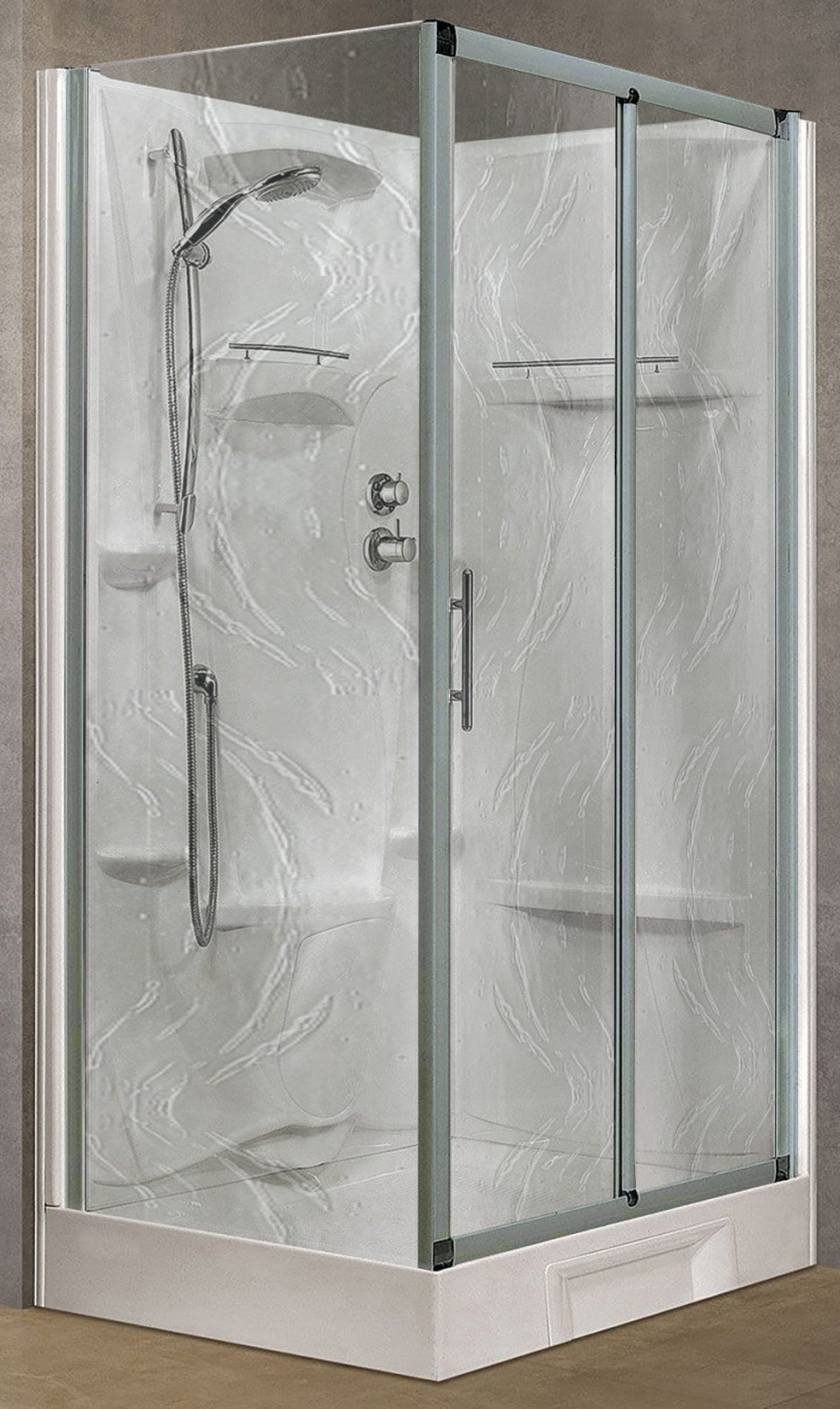 Novellini New Holiday 2P+F Standard 120x80 cm Cabina Doccia Multifunzione Apertura 1 Anta Scorrevole 1 Fissa Linea 1 Laterale Installazione Reversibile Miscelatore Termostatico Vetro Aqua Profilo Silver Piatto Ripiano Asta Doccetta Seduta Altezza 206 cm