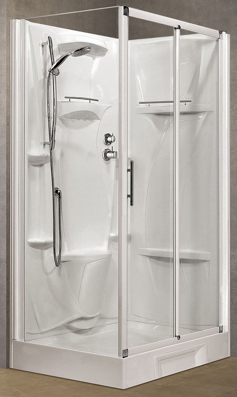 Novellini New Holiday 2P+F Standard 120x80 cm Cabina Doccia Multifunzione Apertura 1 Anta Scorrevole 1 Fissa Linea 1 Laterale Installazione Reversibile Miscelatore Termostatico Vetro Trasparente Profilo Bianco Piatto Ripiano Doccetta Seduta Altezza 206 cm