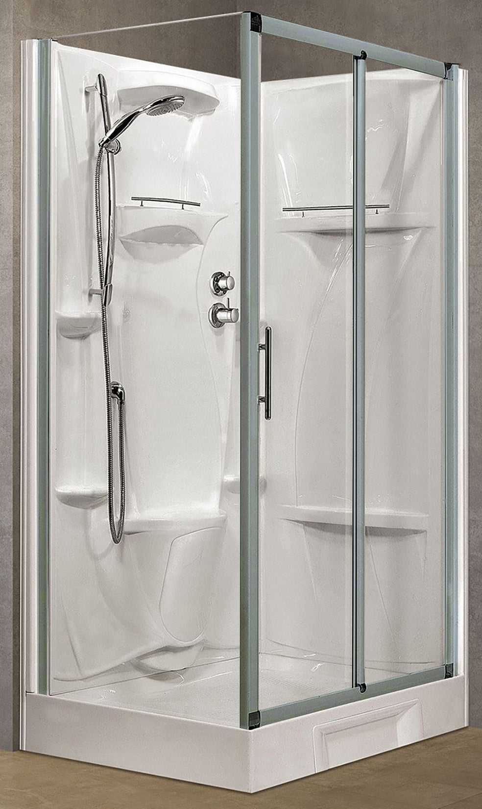 Novellini New Holiday 2P+F Standard 120x80 cm Cabina Doccia Multifunzione Apertura 1 Anta Scorrevole 1 Fissa Linea 1 Laterale Installazione Reversibile Miscelatore Meccanico Vetro Trasparente Profilo Silver Piatto Ripiano Doccetta Seduta Altezza 206 cm