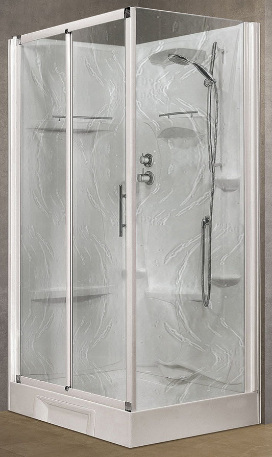 Novellini New Holiday 2P+F Standard 120x80 cm Cabina Doccia Multifunzione Apertura 1 Anta Scorrevole 1 Fissa Linea 1 Laterale Installazione Reversibile Miscelatore Meccanico Vetro Aqua Profilo Bianco Piatto Ripiano Asta Doccetta Mano Seduta Altezza 206 cm