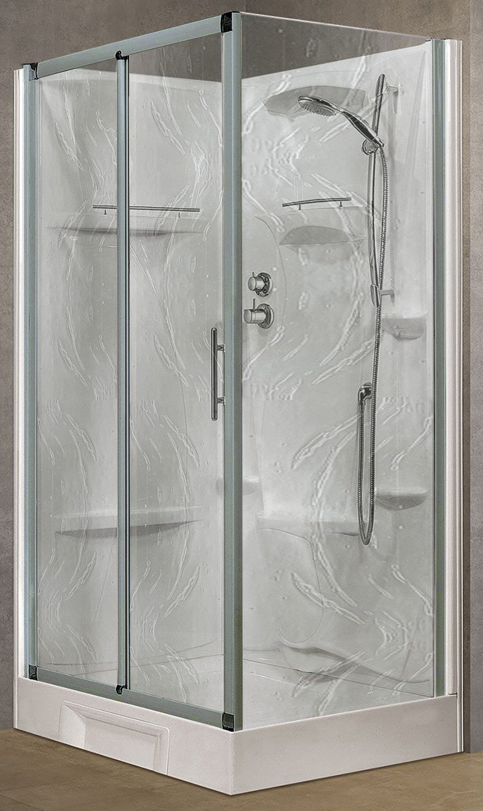 Novellini New Holiday 2P+F Standard 120x80 cm Cabina Doccia Multifunzione Apertura 1 Anta Scorrevole 1 Fissa Linea 1 Laterale Installazione Reversibile Miscelatore Meccanico Vetro Aqua Profilo Silver Piatto Ripiano Asta Doccetta Mano Seduta Altezza 206 cm