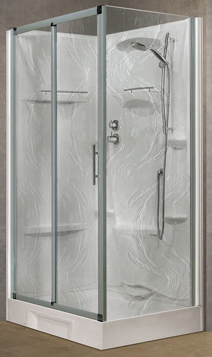 Novellini New Holiday 2P+F Standard 120x80 cm Cabina Doccia Multifunzione Apertura 1 Anta Scorrevole 1 Fissa Linea 1 Laterale Installazione Reversibile Miscelatore Meccanico Vetro Aqua Profilo Silver Piatto Ripiano Asta Doccetta Mano Seduta Altezza 206 cm