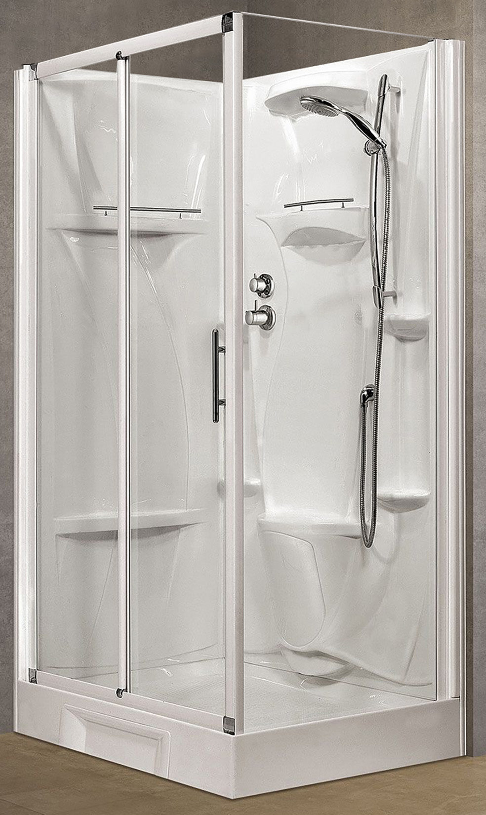 Novellini New Holiday 2P+F Standard 120x80 cm Cabina Doccia Multifunzione Apertura 1 Anta Scorrevole 1 Fissa Linea 1 Laterale Installazione Reversibile Miscelatore Meccanico Vetro Trasparente Profilo Bianco Piatto Ripiano Doccetta Seduta Altezza 206 cm