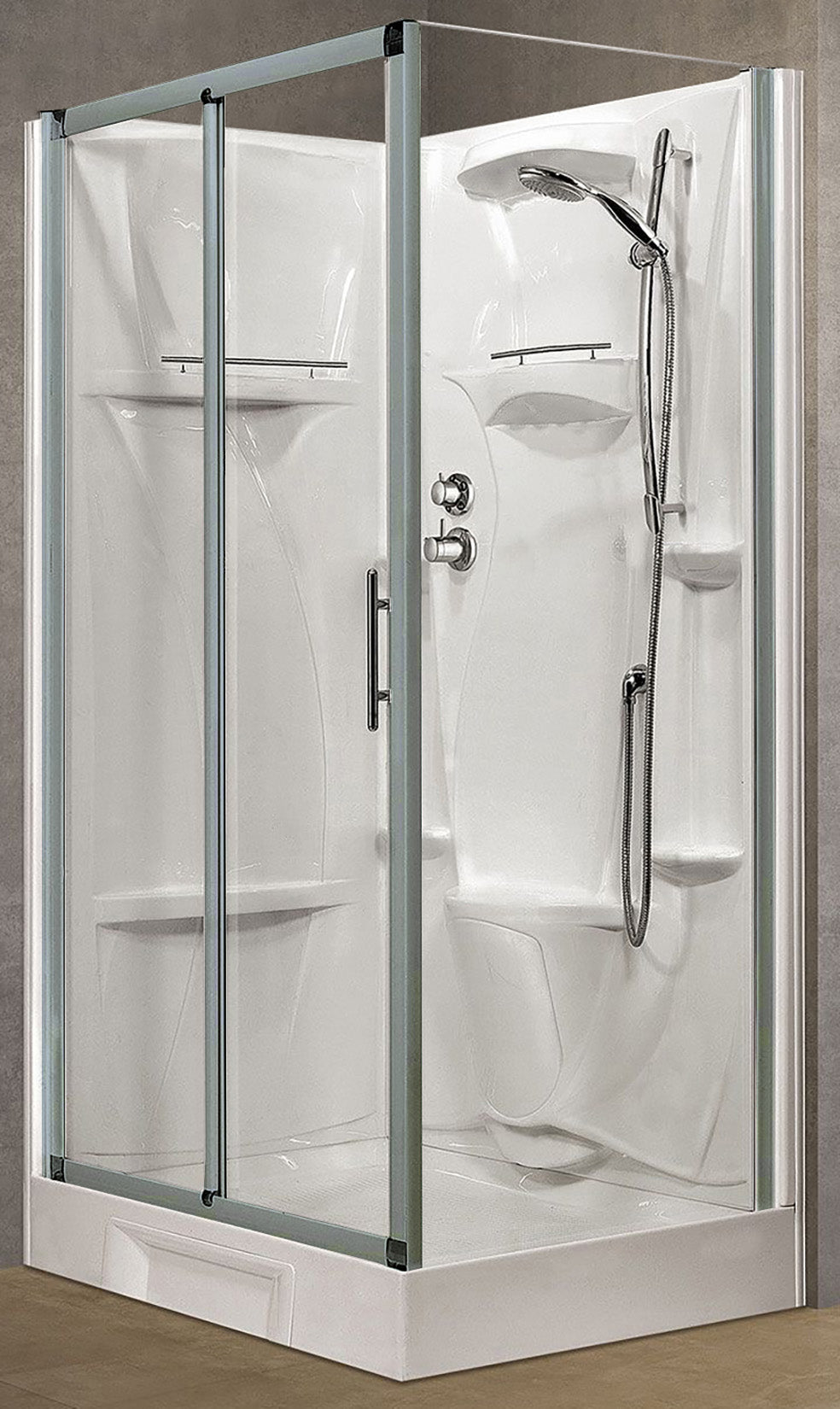 Novellini New Holiday 2P+F Standard 120x80 cm Cabina Doccia Multifunzione Apertura 1 Anta Scorrevole 1 Fissa Linea 1 Laterale Installazione Reversibile Miscelatore Meccanico Vetro Trasparente Profilo Silver Piatto Ripiano Doccetta Seduta Altezza 206 cm