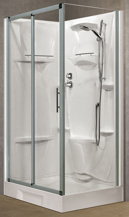 Novellini New Holiday 2P+F Standard 120x80 cm Cabina Doccia Multifunzione Apertura 1 Anta Scorrevole 1 Fissa Linea 1 Laterale Installazione Reversibile Miscelatore Meccanico Vetro Trasparente Profilo Silver Piatto Ripiano Doccetta Seduta Altezza 206 cm