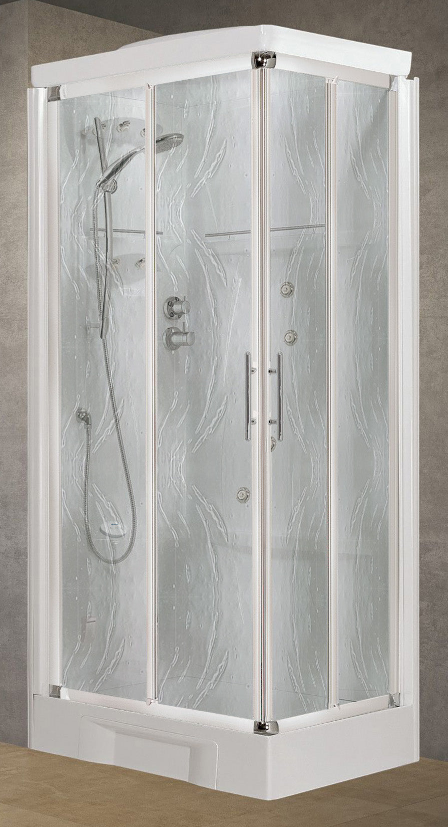 Novellini New Holiday A80 Hammam 80x80 cm Cabina Doccia Multifunzione Apertura 2 Ante Scorrevoli Miscelatore Meccanico Vetro Aqua Profilo Bianco Pannelli Reversibili Idromassaggio Sauna Tettuccio Soffione Radio Telecomando Asta Doccetta Altezza 225,5 cm