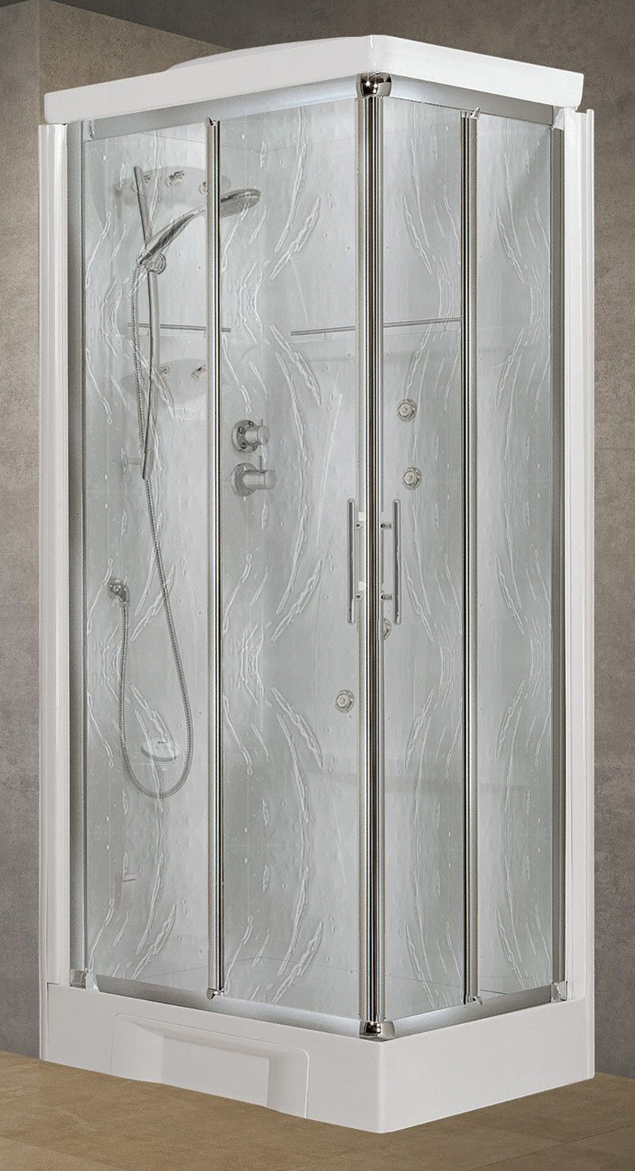 Novellini New Holiday A80 Hammam 80x80 cm Cabina Doccia Multifunzione Apertura 2 Ante Scorrevoli Miscelatore Meccanico Vetro Aqua Profilo Silver Pannelli Reversibili Idromassaggio Sauna Tettuccio Soffione Radio Telecomando Asta Doccetta Altezza 225,5 cm