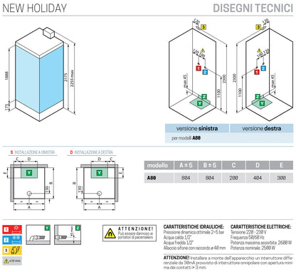 Novellini New Holiday A80 Hammam 80x80 cm Cabina Doccia Multifunzione Apertura 2 Ante Scorrevoli Miscelatore Meccanico Vetro Trasparente Profilo Bianco Pannelli Reversibili Idro Sauna Tettuccio Soffione Radio Telecomando Asta Doccetta Altezza 225,5 cm