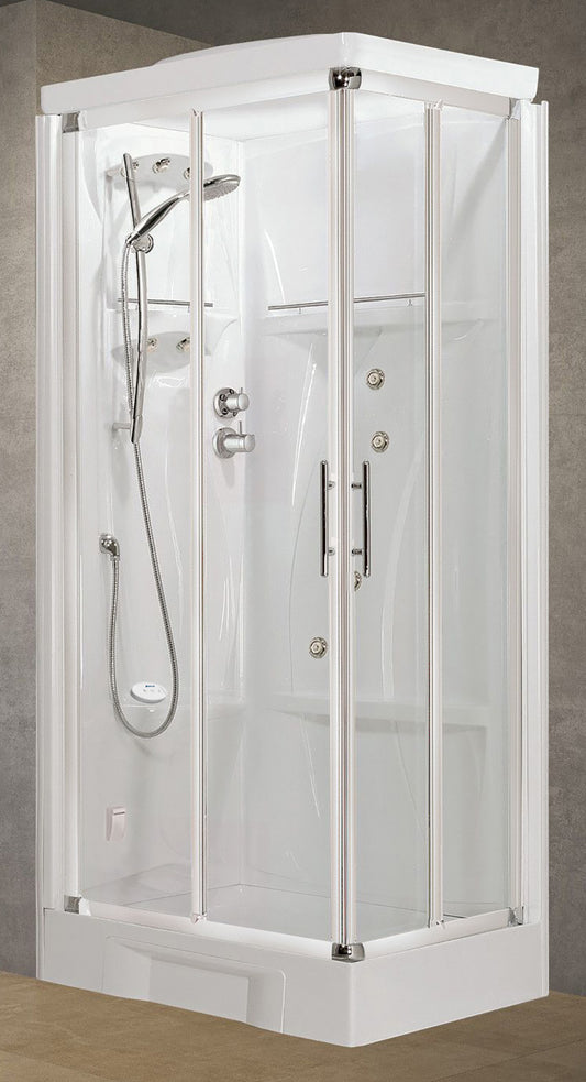 Novellini New Holiday A80 Hammam 80x80 cm Cabina Doccia Multifunzione Apertura 2 Ante Scorrevoli Miscelatore Meccanico Vetro Trasparente Profilo Bianco Pannelli Reversibili Idro Sauna Tettuccio Soffione Radio Telecomando Asta Doccetta Altezza 225,5 cm