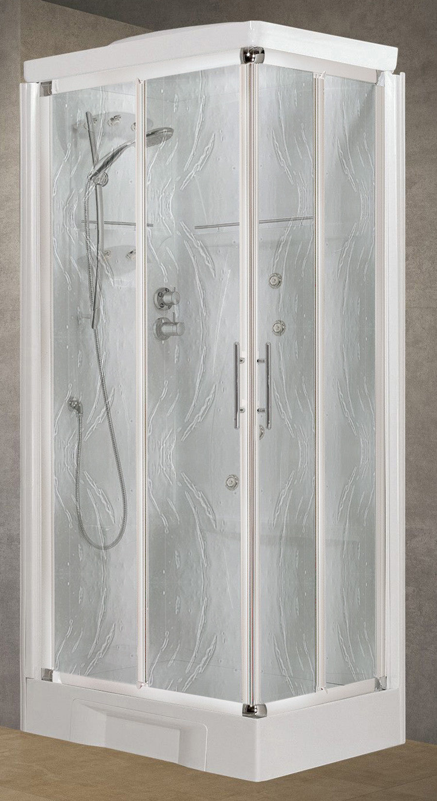 Novellini New Holiday A80 Idromassaggio Con Tettuccio e Soffione 80x80 cm Cabina Doccia Multifunzione Apertura 2 Ante Scorrevoli 2 Fisse Miscelatore Termostatico Vetro Aqua Profilo Bianco Pannelli Fondo Reversibili Doccetta Asta Rotopioggia Alto 217,5 cm