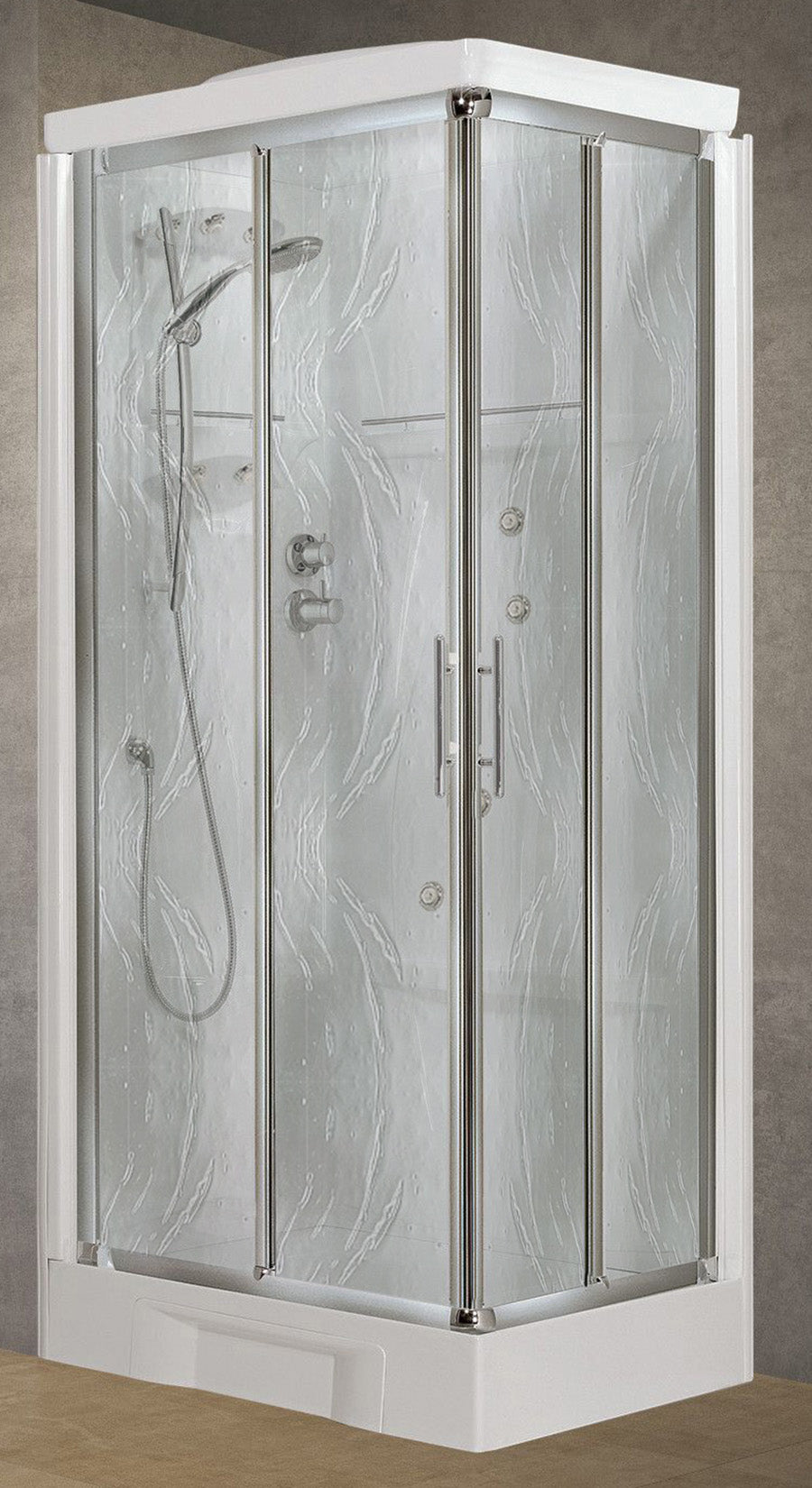 Novellini New Holiday A80 Idromassaggio Con Tettuccio e Soffione 80x80 cm Cabina Doccia Multifunzione Apertura 2 Ante Scorrevoli e 2 Fisse Miscelatore Meccanico Vetro Aqua Profilo Silver Pannelli Fondo Reversibili Doccetta Asta Rotopioggia Altezza 217,5cm