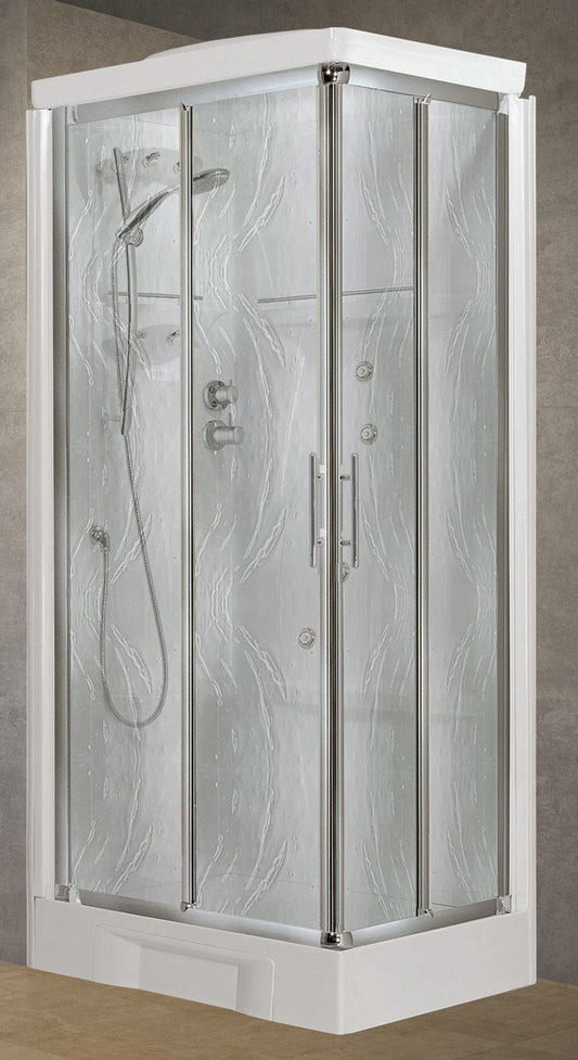 Novellini New Holiday A80 Idromassaggio Con Tettuccio e Soffione 80x80 cm Cabina Doccia Multifunzione Apertura 2 Ante Scorrevoli e 2 Fisse Miscelatore Meccanico Vetro Aqua Profilo Silver Pannelli Fondo Reversibili Doccetta Asta Rotopioggia Altezza 217,5cm