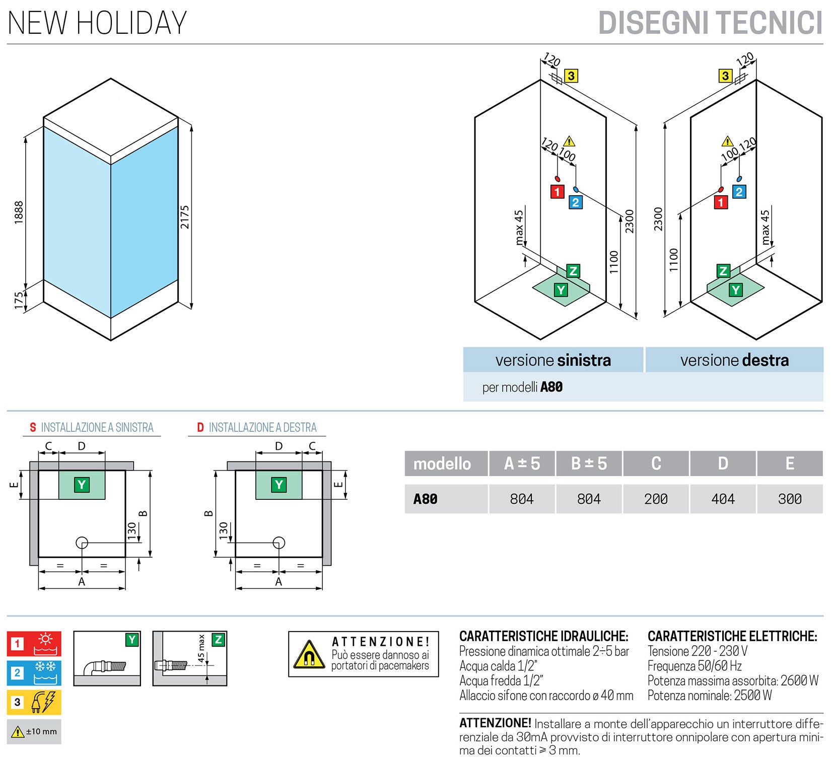 Novellini New Holiday A80 Idromassaggio Con Tettuccio e Soffione 80x80 cm Cabina Doccia Multifunzione Apertura 2 Ante Scorrevoli 2 Fisse Miscelatore Termostatico Vetro Aqua Profilo Bianco Pannelli Fondo Reversibili Doccetta Asta Rotopioggia Alto 217,5 cm