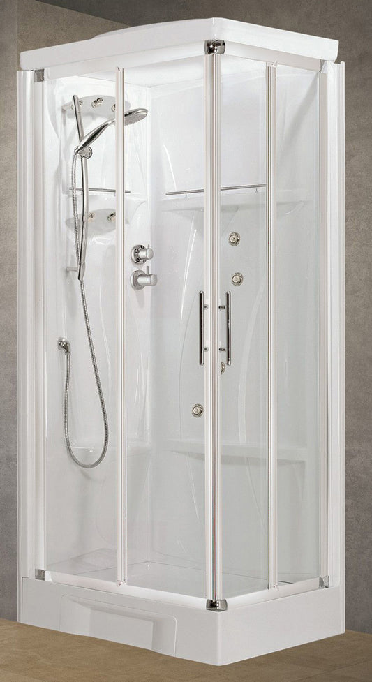 Novellini New Holiday A80 Idromassaggio Con Tettuccio e Soffione 80x80 cm Cabina Doccia Multifunzione Apertura 2 Ante Scorrevoli e 2 Fisse Miscelatore Termostatico Vetro Trasparente Profilo Bianco Pannelli Fondo Reversibili Asta Rotopioggia Alto 217,5 cm