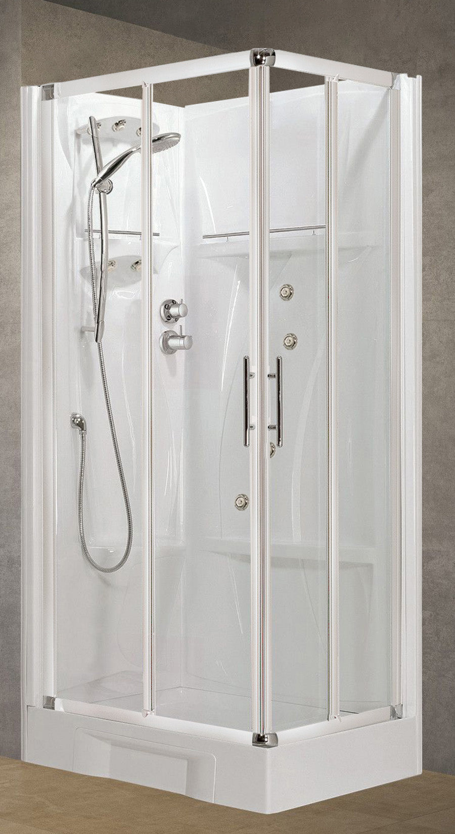 Novellini New Holiday A80 Idromassaggio 80x80 cm Cabina Doccia Multifunzione Apertura 2 Ante Scorrevoli e 2 Fisse Pannelli Fondo Reversibili Miscelatore Meccanico Vetro Trasparente Profilo Bianco Piatto Ripiani Doccetta a Mano Rotopioggia Altezza 206 cm