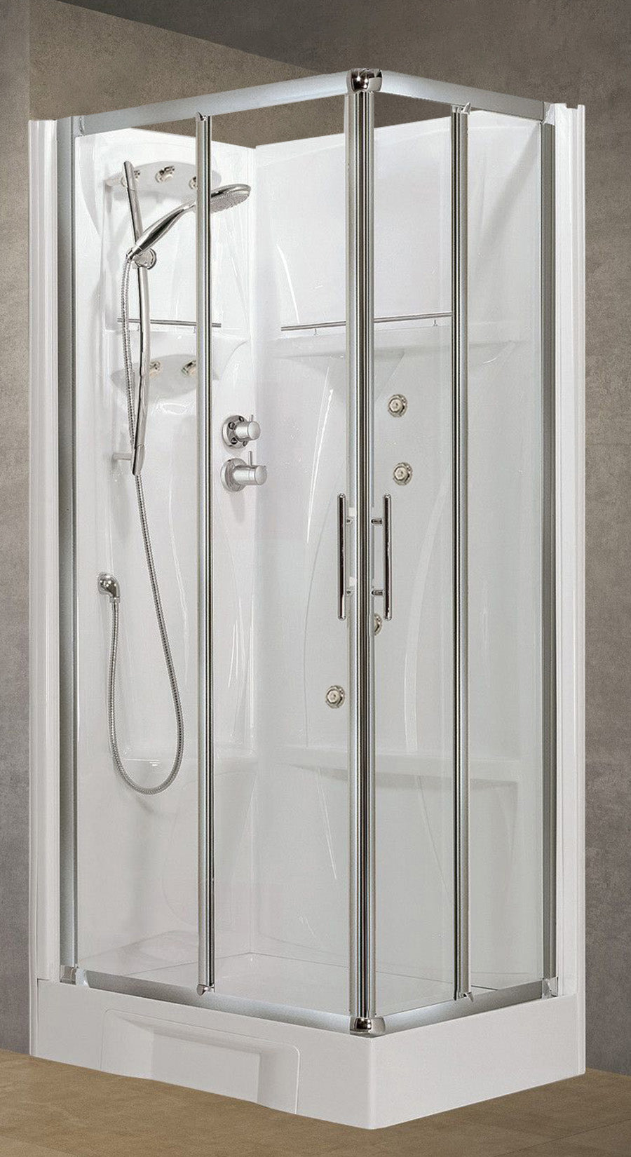 Novellini New Holiday A80 Idromassaggio 80x80 cm Cabina Doccia Multifunzione Apertura 2 Ante Scorrevoli e 2 Fisse Pannelli Fondo Reversibili Miscelatore Termostatico Vetro Trasparente Profilo Silver Piatto Ripiani Doccetta Mano Rotopioggia Altezza 206 cm